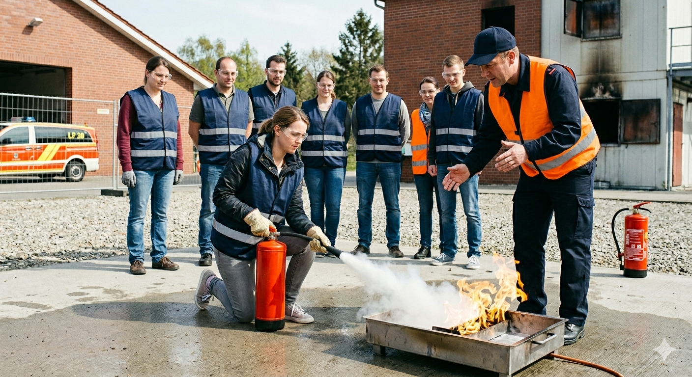 Praktisches Löschtraining bei der Brandschutzhelfer Ausbildung inhouse im Betrieb