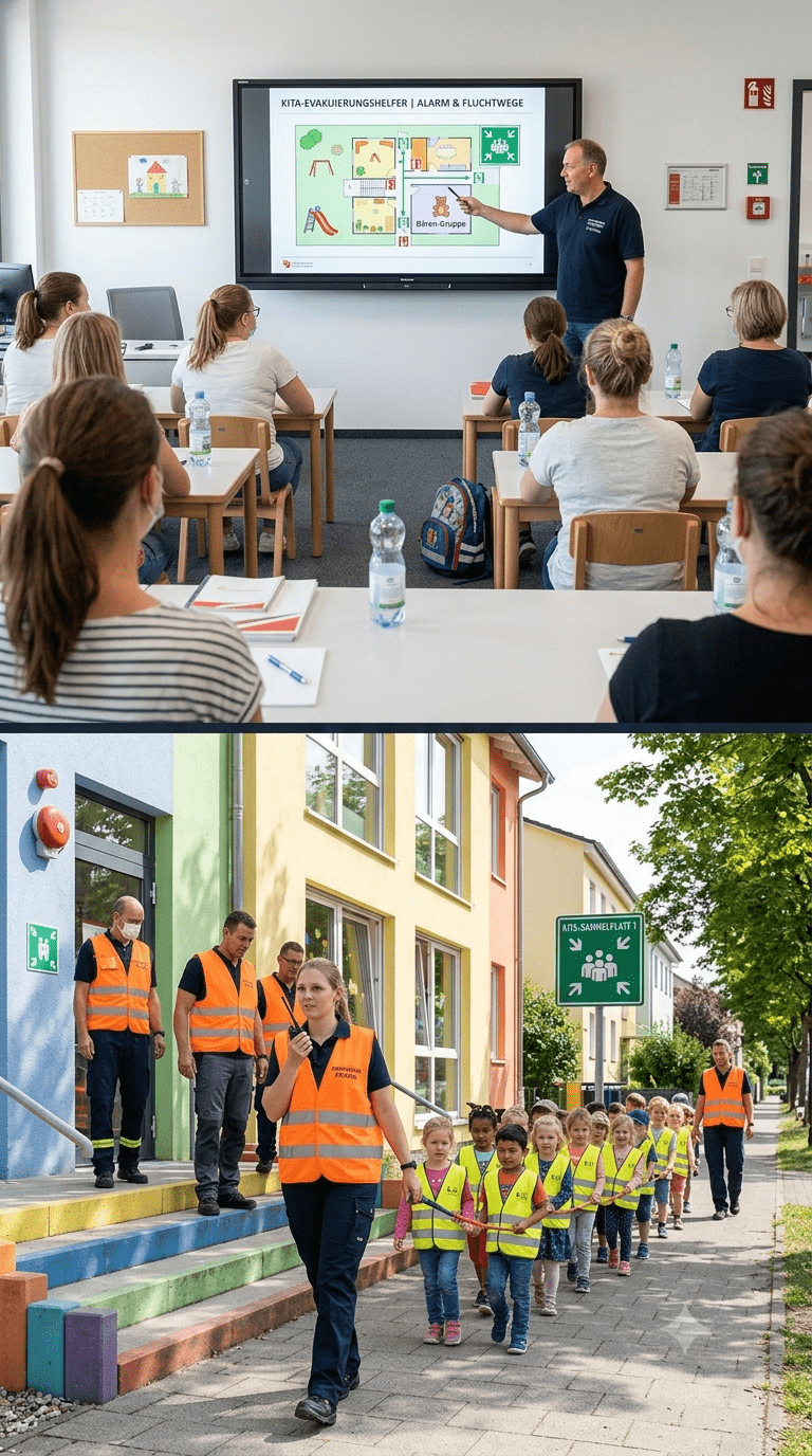 Evakuierungsübung Kindergarten – Kita-Evakuierungshelfer führen Kinder sicher zum Sammelplatz