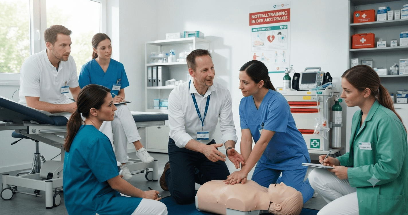 Notfalltraining für Arztpraxis: Ärzteteam übt Reanimation und Defibrillator-Einsatz am Simulationsmodell in Dortmund