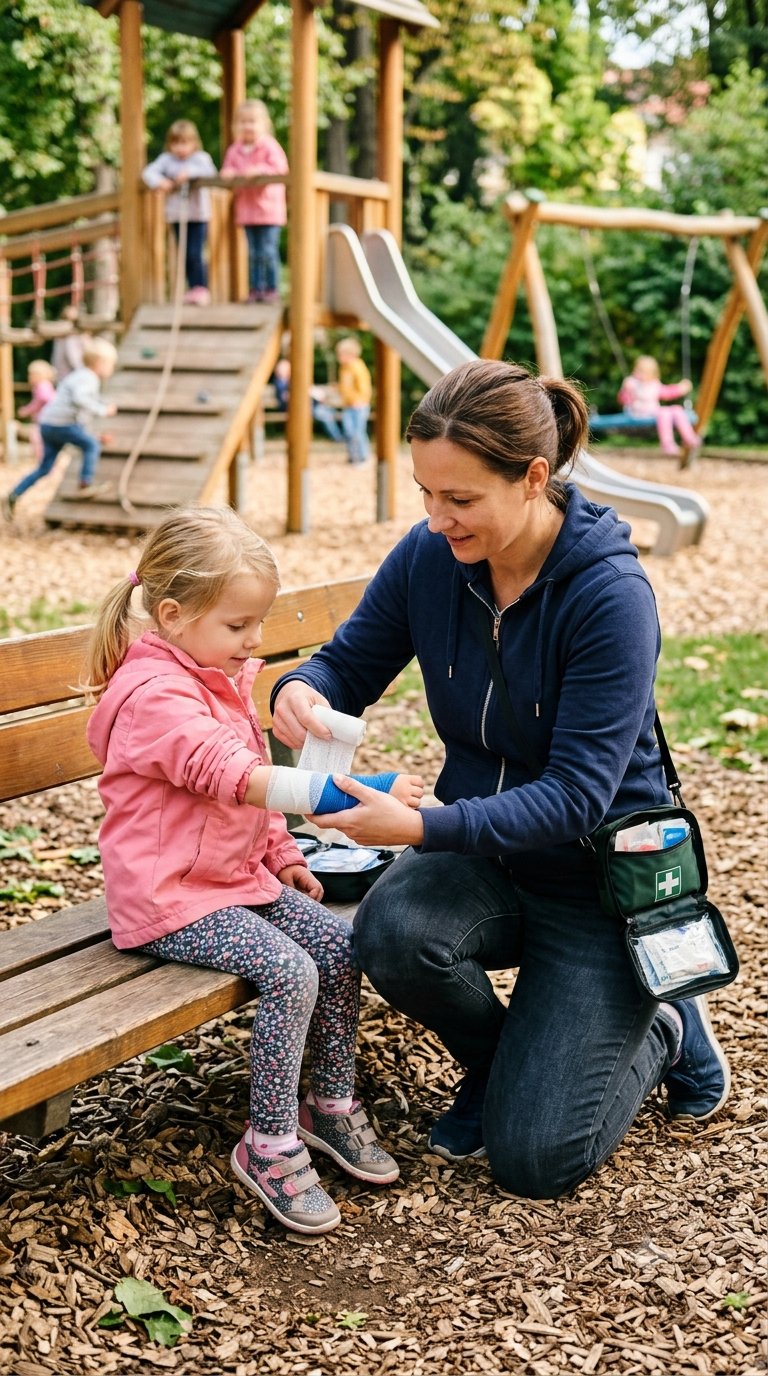 Mutter versorgt professionell die Handgelenksverletzung eines Kindes auf dem Spielplatz – Erste Hilfe am Kind in Dortmund