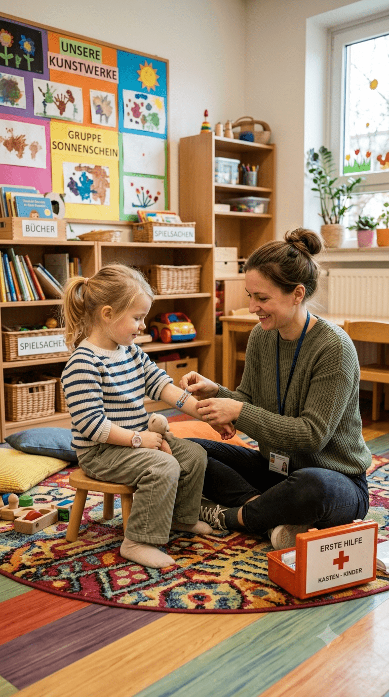 Erste Hilfe in der Kita: Erzieherin versorgt einem Kind im Kindergarten spielerisch die Hand mit einem Pflaster