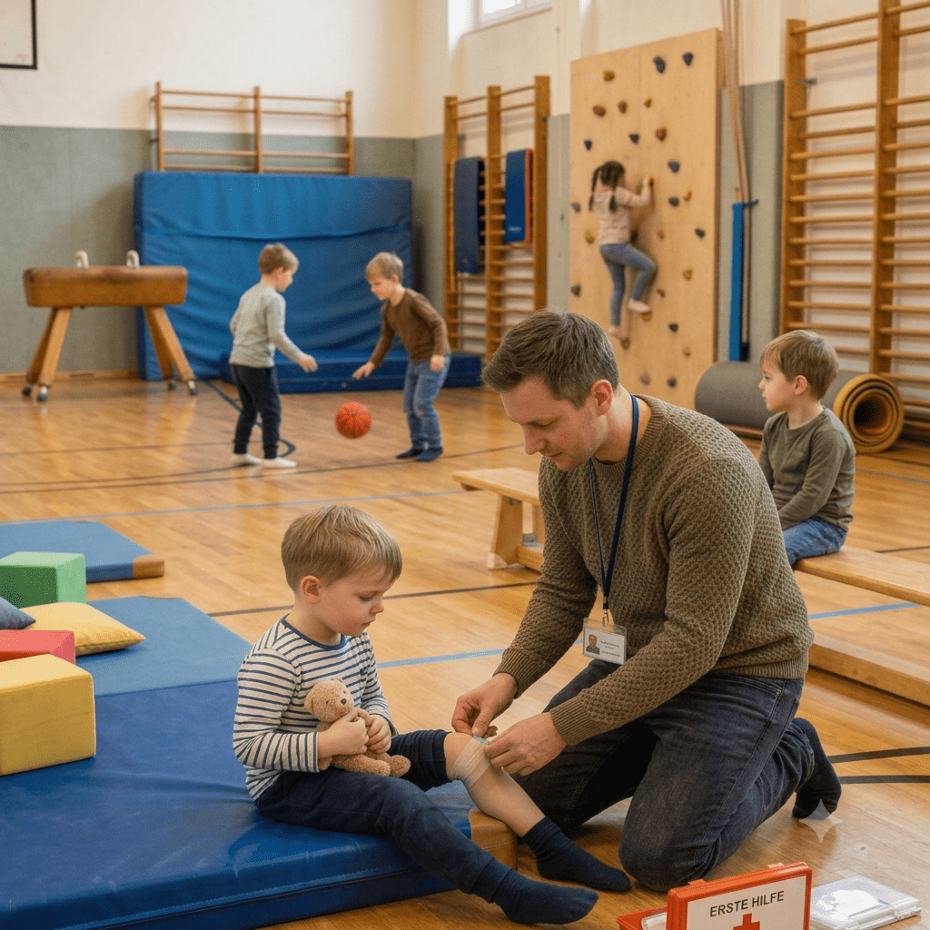 Erste Hilfe im Einrichtungsalltag: Ausbilder versorgt einem Kind in der Turnhalle einer Kita das Knie, im Hintergrund spielende Kinder