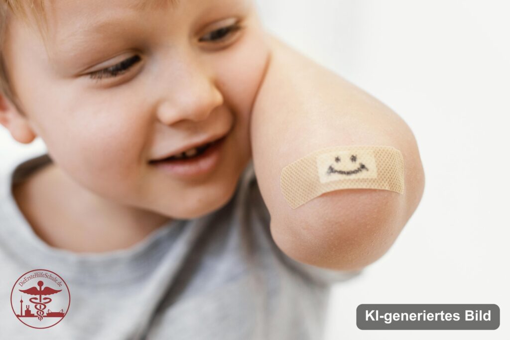 Illustration: Kind mit Pflaster nach Erste-Hilfe-Versorgung (KI-generiertes Bild)